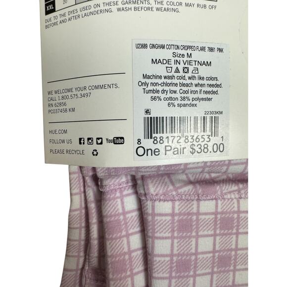 HUE Pink Gingham Cropped Flare Cotton Leggings M NWT Blackout No See-Throug - Picture 3 of 9